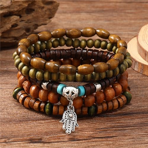 Wooden Beads Stretch Bracelet Multi-Layered Stretch Bracelet for Women Men Elastic Bracelet 5pcs - color: A-06