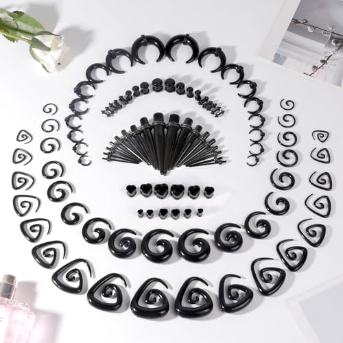 54/102Pcs Ear Stretching Kit 14G-00G Acrylic Ear Gauge Stretching Kit with Heart Plugs Gauge Tapers Ear Tunnels Horseshoes Taper Spiral Tapers Gauges Ear Expanders for Men Women - color: Black