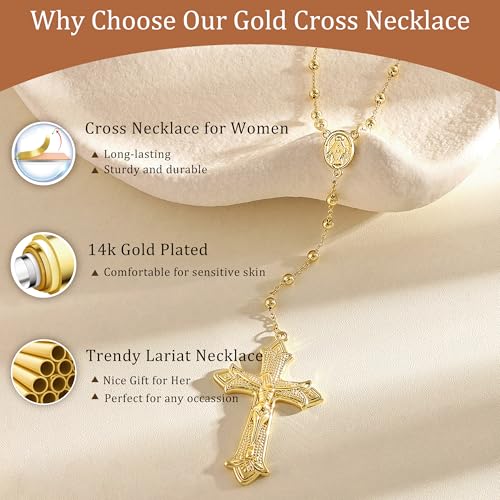 CHESKY Lariat Necklace for Women,14k Gold/Sliver Plated Layered Necklace | Gold/Sliver Long Necklace,Dainty Cross Pendant, Wedding Y-Shaped Drop Chain, Waterproof Jewelry Gift for Women Everyday Wear - style: Crossbead