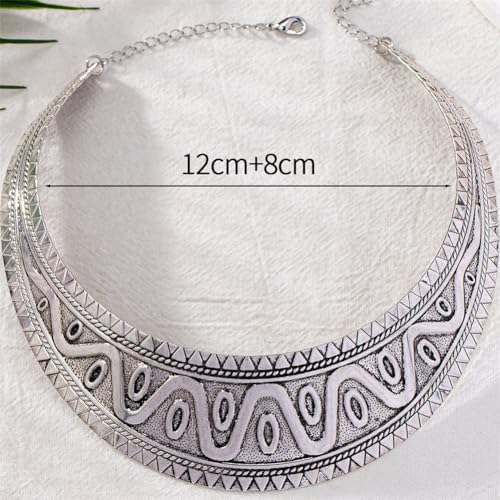 Chunky Gold Necklace Big Statement Chunky Necklace for Women African Tribe Wide Metal Choker Necklaces Jewelry - color: 09 Silver