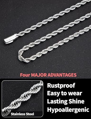 Twist Chain Necklace 2/3/5/8MM Braided Rope Chain Necklace for Men Stainless Steel Rope Jewelry for Men & Women Rope Chain for Pendant 18/20/22/24 Inch with Delicate Gift Box - size: 20 inches, style: 3mm width-steel