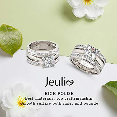 Jeulia 4.37 Carat Engraved Pricess Cut Cubic Zirconia Engagement Ring Diamond Wedding Bands for Women CZ Solitaire Sterling Silver Anniversary Bridal Promise Rings Set