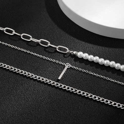 Layered Gold Necklaces for Women Stackable Pearl Paperclip Chain Necklaces Adjustable Dainty Bar Pendant Necklaces Trendy Everyday Jewelry Gifts - color: Silver