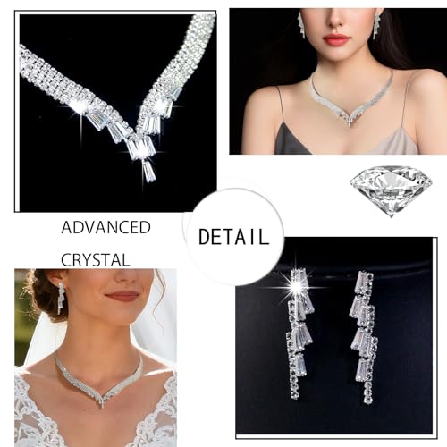 Women's Fashion Jewelry Rhinestone Zircon Necklace and Earring Set Formal Ball Gown Accessories Silver Floral Pendant Bridal Wedding Jewelry Suitable for Weddings, Balls, Banquets, and All Special Occasions - style: GST003
