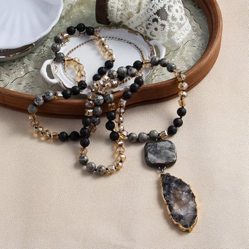 Yomisa Long Necklaces for Women Trendy, 33/34/35 inch | Boho Beaded Necklaces for Women, Natural Stone Pendant, Handmade Knotted Bead, Bohemian Holiday Summer Western Charm Jewelry - color: 34inch-Lava Stone