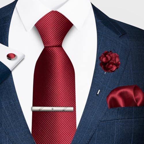 joy alice 30 Colors Solid Ties for Man Pure Color Men's Tie Set with Lapel Pin Pocket Square Tie Clip - color: Burgundy