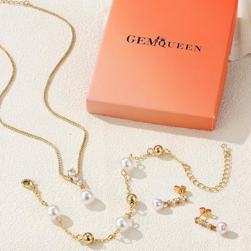 14K Gold Plated Pearl Jewelry Set 925 Sterling SIlver Post | Dainty Dangle Earrings Adjustment Pearl Necklace Bracelet Wedding Jewelry Sets for Bride Bridesmaid Trendy - color: Gold 1
