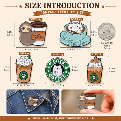 5Pcs Cute Coffee Cat Sloth Enamel Pin Set Cartoon Animal Coffee Cup Brooch Badges, Funny Lapel Pins for Backpacks, Jackets, Bags, Coffee Lover Gift - color: JH-068
