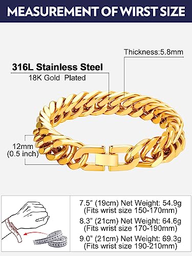 Bandmax Cuban Bracelets for Men, Stainless Steel Link, 7.5"/8.3"/9" Length | 7/8/12mm Width, Miami Wristlet Chain, Steel/Black/Gold Tone, Hip Hop Jewelry, Gift for Son Grandson Husban - color: Gold