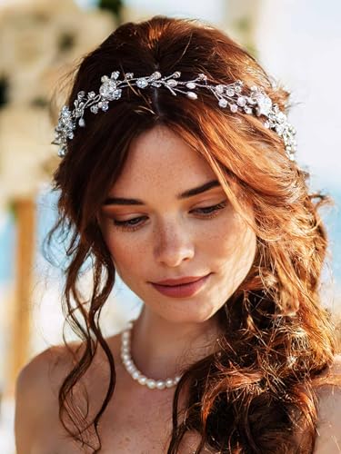 Catery Rhinestone Bridal Hair Vine Headband Silver Wedding Headpiece for Bride Prom Hair Accessories