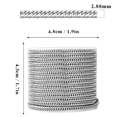 33FT Stainless Steel Cuban Chain 2.8mm Double Link Chain for Jewelry Making | Diamond-Cut Silver Curb Chain Roll Bulk for Necklace Bracelet Crafts - color: 2.88mm curb chain