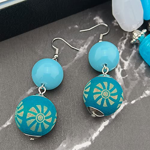 Bocar 3 Layer Chunky Statement Beaded Necklace and Earrings Set, Fashion Multi Layer Women Collar Necklace Jewelry Set - color: Cyan Blue-Silver