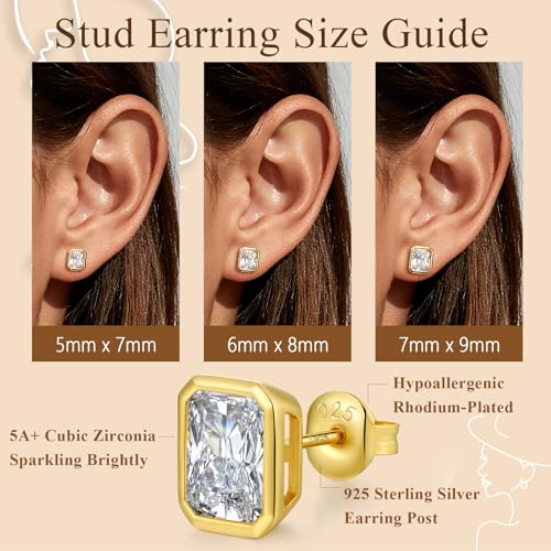 Brilliant Heart-cut/Oval-cut/Trillion-cut/Cushion-cut/Emerald-cut/Marquise-cut Stud, 925 Sterling Silver Cubic Zirconia Stud Earrings for Women Men - style: J-Emerald cut-Yellow