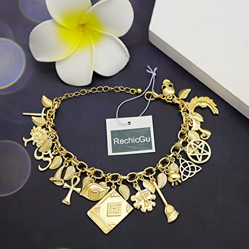 RechicGu Mythology Fairytale Lucky Charms Cuff Bangle Bracelet Cross Leaf Moon Face Celtic Cat - color: Polish Golden