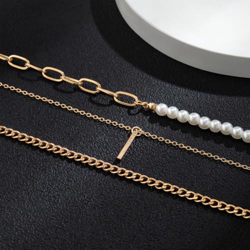 Layered Gold Necklaces for Women Stackable Pearl Paperclip Chain Necklaces Adjustable Dainty Bar Pendant Necklaces Trendy Everyday Jewelry Gifts - color: Gold