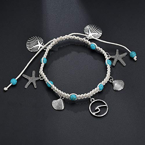 Softones Blue Starfish Turtle Anklet Multilayer Charm Beads Sea Handmade Boho Anklet Foot Jewelry for Women - style: L:Shell Wave Starfish