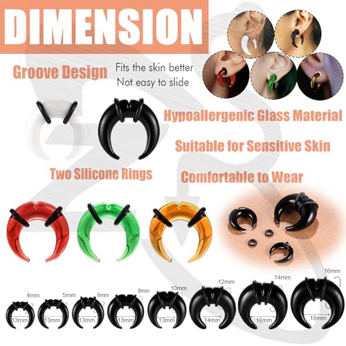 ZS 1 Pair Glass Septum Stretching Kit Set - C Shape Pincher Tapers with O-Rings & Grooved, 6G to 5/8" Buffalo Septum Retainers Rings for Nose Ear Piercing Jewelry - color: Black, size: 1/2"(12mm)