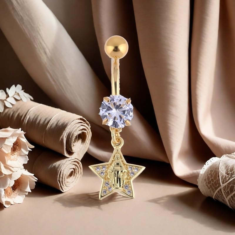 B BodyPJ Sparkles 14G Religious Belly Button Ring with Crystal Cross and Religious Charms, Stainless Steel - style: Type A,Gold