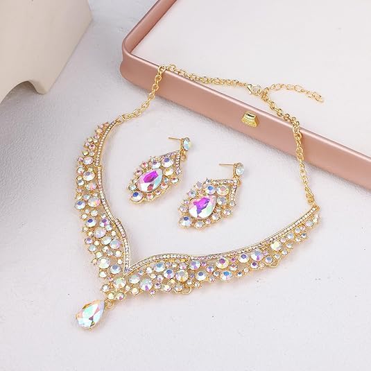 Kamirola Bridal Wedding Tiara Crown Jewelry Set for Women/Brides/Bridesmaids Crystal Jewelry Set for Wedding Prom Party Bridal Crystal Necklace Earrings Bracelet Set(TR60) - color: Gold AB