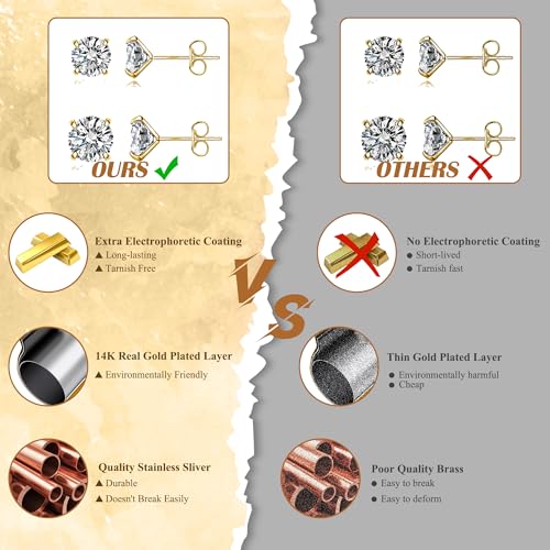 BMMYE 4 Pairs Silver Stud Earrings for Women Stainless Steel Ball Earrings | Small 14 Gold Plated Earrings Studs Set with Cubic Zirconia Waterproof Hypoallergenic Silver Ball Earring for Women - color: 4pair gold cz