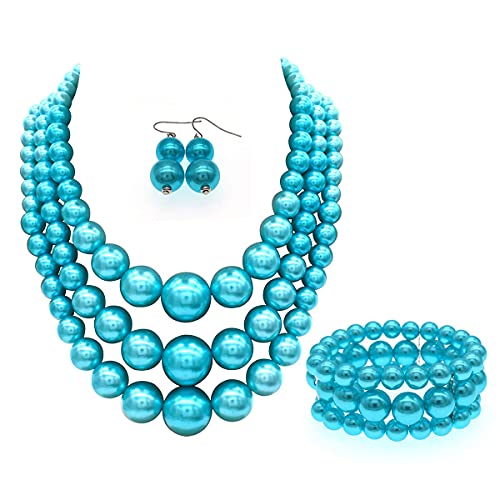 Big Chunky Pearl Necklace and Earrings Set Large Costume 1920s Faux Pearls Gatsby Accessories - color: A-Light Blue