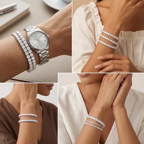 925 Sterling Silver Bracelets for Women Stack, Trendy Tennis Bangle Cuff Jewelry Set 14K Gold Plated, Adjustable Bracelet Set for Wrist Essentials, Women Fashion Watch Band Acecessories - style: Bracelet_3pcs(Silver Tennis Set 4mm)