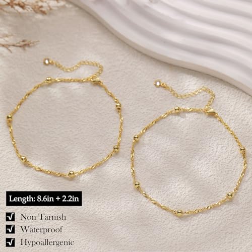 Gold Silver Ankle Bracelets for Women Waterproof 14K Gold Plated Anklets for Women Non Tarnish Dainty Layered Beaded Heart Anklet Set Summer Beach Foot Chain Jewelry Gifts Trendy Stuff - color: D- Ankle Bracelets- Gold