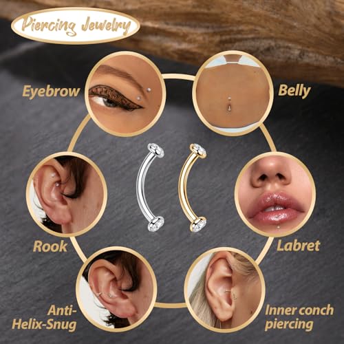 GAGABODY G23 Titanium Eyebrow Piercing Jewelry Curved Barbell Lip Ring | Internal Thread Used in Eyebrow,Belly,Rook 16 Gauge from 6mm to 12mm Lightweight Daily for Woman and Man Sensitive Skin - color: 1Pc-Disc Shape Gold+Clear CZ, size: 16G-10mm