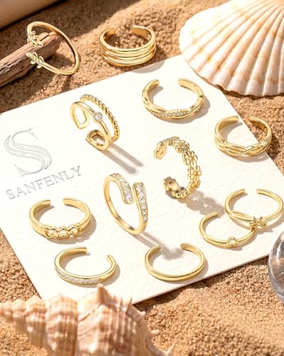 Sanfenly 12 Pcs Toe Rings for Women Non Tarnish Waterproof | 14K Gold Filled Dainty Thin Chunky Open Band Rings, Trendy Silver Plated Adjustable Toe Rings, Summer Beach Foot Jewelry Set - color: 14K Gold Plated
