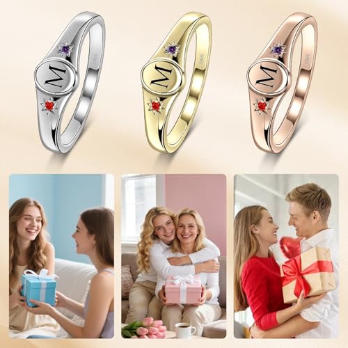 S925 Sterling Silver Personalized Initial Signet Ring Customized Letter With Birthstones Band Engraved Stacking Rings for Mother Daughter Wife Birthday Wedding Engagement Promise Ring - color: Style 1