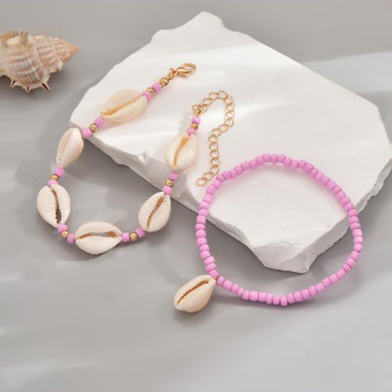 INENIMARTJ Puka Shell Anklets Bracelet for Women Colorful Shell Beaded Anklet Summer Ocean Hawaiian Beach Foot Jewelry Mermaid Seashell Anklets Jewelry for Women - color: pink