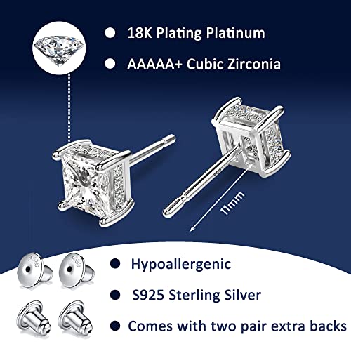 Princess Cut Cubic Zirconia Stud Earrings for Men Women | Square CZ Simulated Diamond Studs, 18K White Gold Plated Sterling Silver, Hypoallergenic - color: White Gold, size: 5MM
