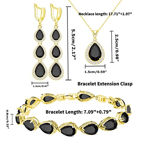 LMXXVJ Necklace Long Earrings Bracelet Set, White Gold Plated Created Blue Sapphire Jewelry Set Wedding Party Gift Jewelry for Women Bridal Bridesmaid - color: Gold-Black