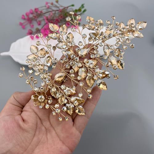 Wedding Hair Pieces for Brides, Rhinestone Bride Headpiece, Handmade Bridal Hair Accessories(Champagne) - color: Champagne
