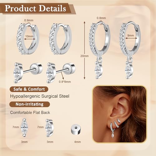 14K Gold Hoop Dangle Stud Earrings Surgical Steel Helix Piercing | Hypoallergenic,Cubic Zirconia,3 Pairs Huggie Hoop Set for Women,Dangle Stud,Cartilage Tragus Conch Earring,Jewelry Gift - color: K1-Silver Marquise Cut CZ