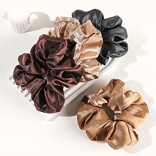 Ivyu Satin Hair Bands and Scrunchies: Thick Curly Hair Ponytail Holders for Girls, No Crease or Damage, Cute Brown Pink