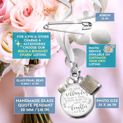 Bouquet Charm On Your Wedding Day Memorial Honoring Mom Dad Grandma Grandpa Meaningful Bridal Floral Jewelry Silver Finish Pendant Bride's Flowers Photo Frames Parent Grandparent - color: White Bead, style: My Daughter | 1 Frame
