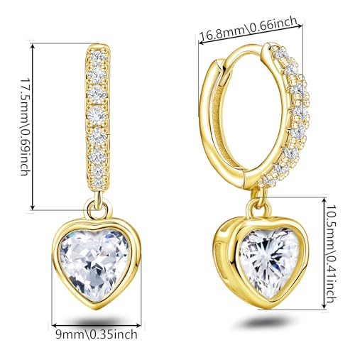 Heart Hoop Earrings with Dangle Sterling Silver Love Heart-Shaped Loop Earrings for Women Hypoallergenic Sparkle Birthstone Cubic Zirconia Hoop Earring with Dangling Charms Dainty Fashion Jewelry Gift - color: Gold-White