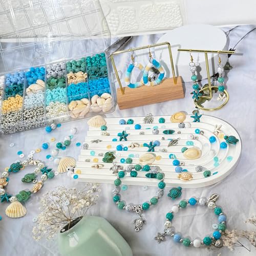 1860Pcs Ocean Beads for Bracelets Making Kit, Blue and White Summer Beach Bead for Jewelry Making, Sea Turtle Shell Starfish Shape Beads 8mm Round Cly Bead for DIY Craft Bracelets Earring (Blue) - color: Blue