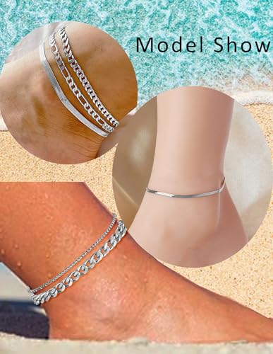 6PCS Ankle Bracelets for Women18K Gold Plated Stainless Steel Waterproof Layered Herringbone Figaro Bead Paperclip Rope Tennis Box Cuban Link Rolo Satellite Chain Anklets Set Gold Tone - style: C:Silver Tone
