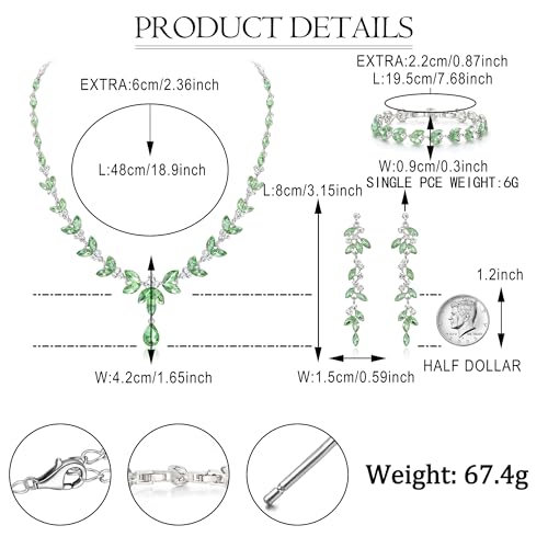 EVER FAITH Marquise Crystal Leaf Bridal Prom Jewelry Set for Women Bride | Rhinestone Wedding Party Necklace Dangle Earrings Tennis Bracelet, for Bridesmaid - color: Light Green Silver-Plated-Base