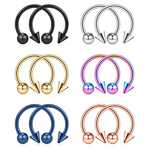 12PCS 14G Surgical Steel Nose Septum Horseshoe Hoop Earring Eyebrow Tragus Lip Piercing Ring - style: 14mm w Balls & Spikes