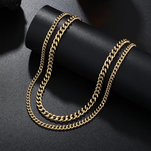 2PCS Cuban Link Chain Set for Men - Gold/Silver Plated Stainless Steel Layered Chain Necklace Non-Tarnish Jewelry Gift - color: Gold, size: 16inch+18inch