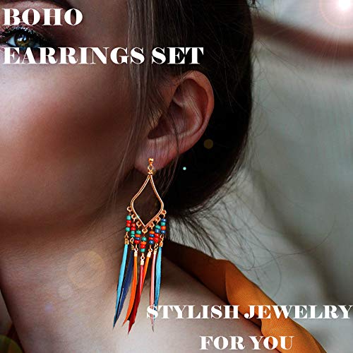 Gold Bohemian Earrings Set with Feather Tassel for Women