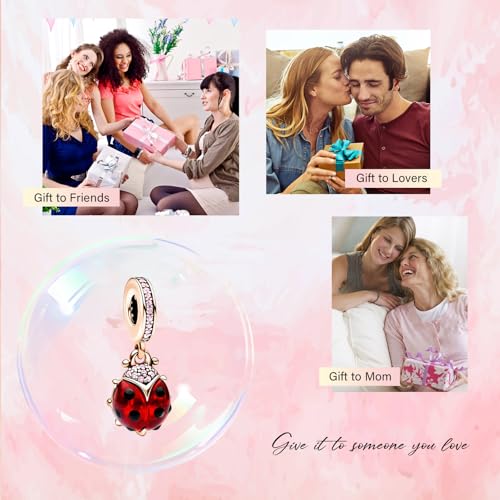S925 Bead Pendant Charms for Bracelets Necklaces, Compatible with Pandora, Jewelry Making DIY - style: Ladybug Charm Red and 14K Rose Gold