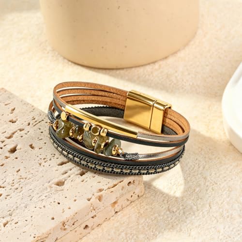 Wrapped Bracelets for Women,Leather Boho Bracelets for Women - color: Stone-Grey