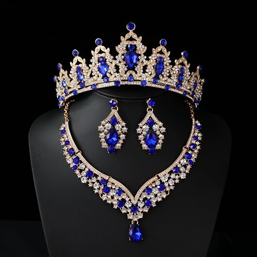 Tiaras and Crowns for Women,Tiaras Earrings Necklace, Crystal Bridal Jewelry Set - color: Blue