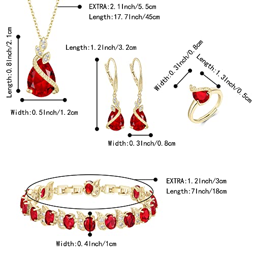 Jewelry Set for Bride, Sparkling Water Drop Cubic Zirconia Crystal Pendant Necklace Leverback Earrings Tennis Bracelet Adjustable Ring Gift for Wedding/Birthday/Mother's Day/Christmas - color: 10-Ruby Color Gold-Plated-Brass