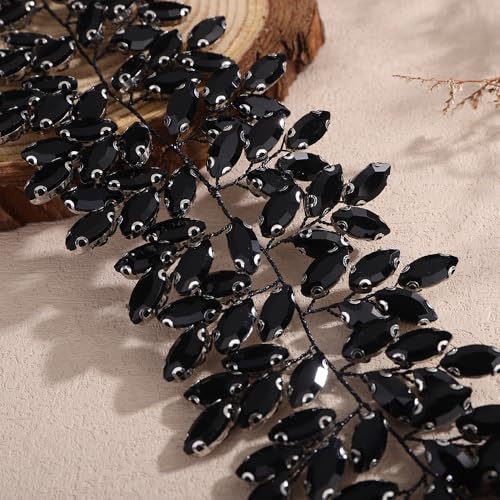 Missgrace Women Silver Green Black Red Blue Handmade Full Crystal Rhinestone Large Headband Hair Vine Shinny Headpiece Bridal Wedding Hair Accessories for Women (Black) - color: Black