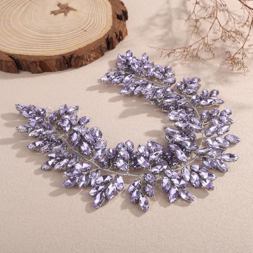 Missgrace Women Silver Green Black Red Blue Handmade Full Crystal Rhinestone Large Headband Hair Vine Shinny Headpiece Bridal Wedding Hair Accessories for Women (Light purple) - color: Light purple
